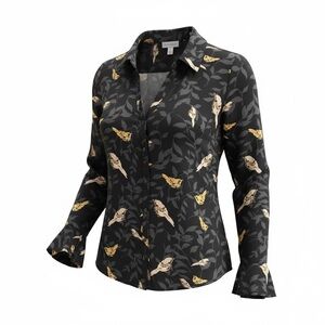 Charter Club Bird Print Button Front Blouse Medium Black Yellow Long Sleeve